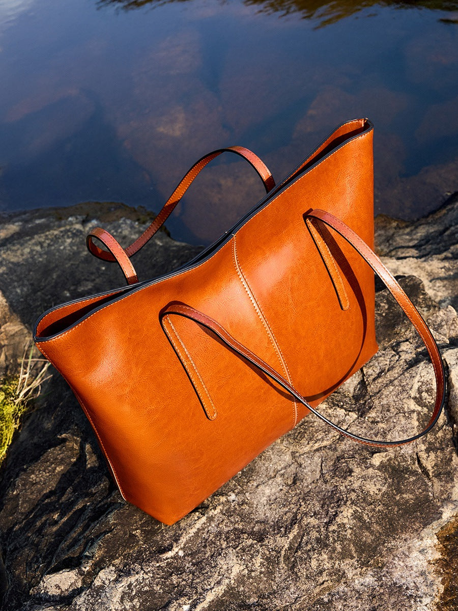 Women's Plain Leather Large Capacity Shoulder Tote Bag-RAIIFY