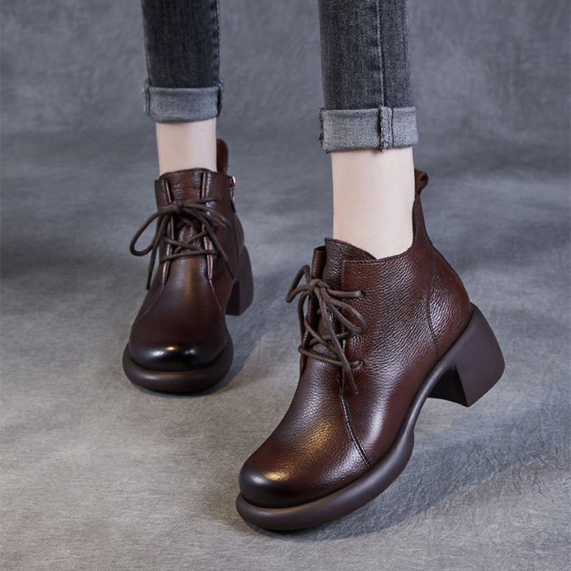 Women Handmade Soft Cowhide Chunky Heel Ankle Boots-RAIIFY