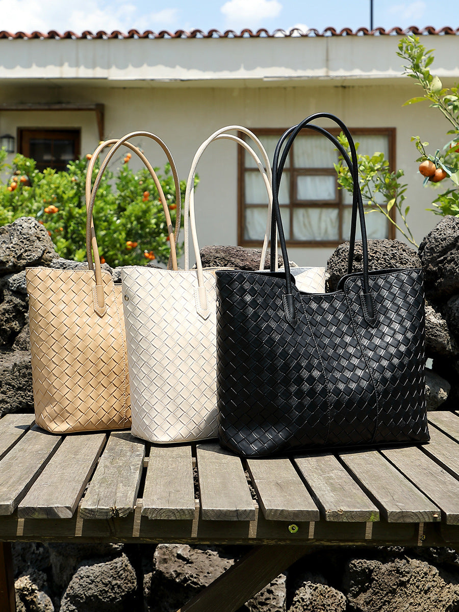 Women's Minimalist Plain Woven Leather Tote Bag-RAIIFY