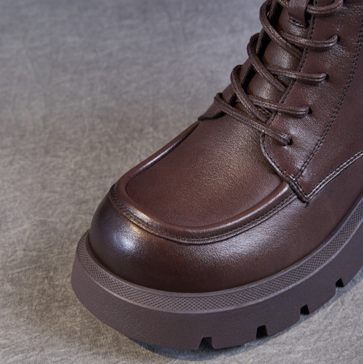 Women's Vintage Buckle Leather Platform Boots-RAIIFY