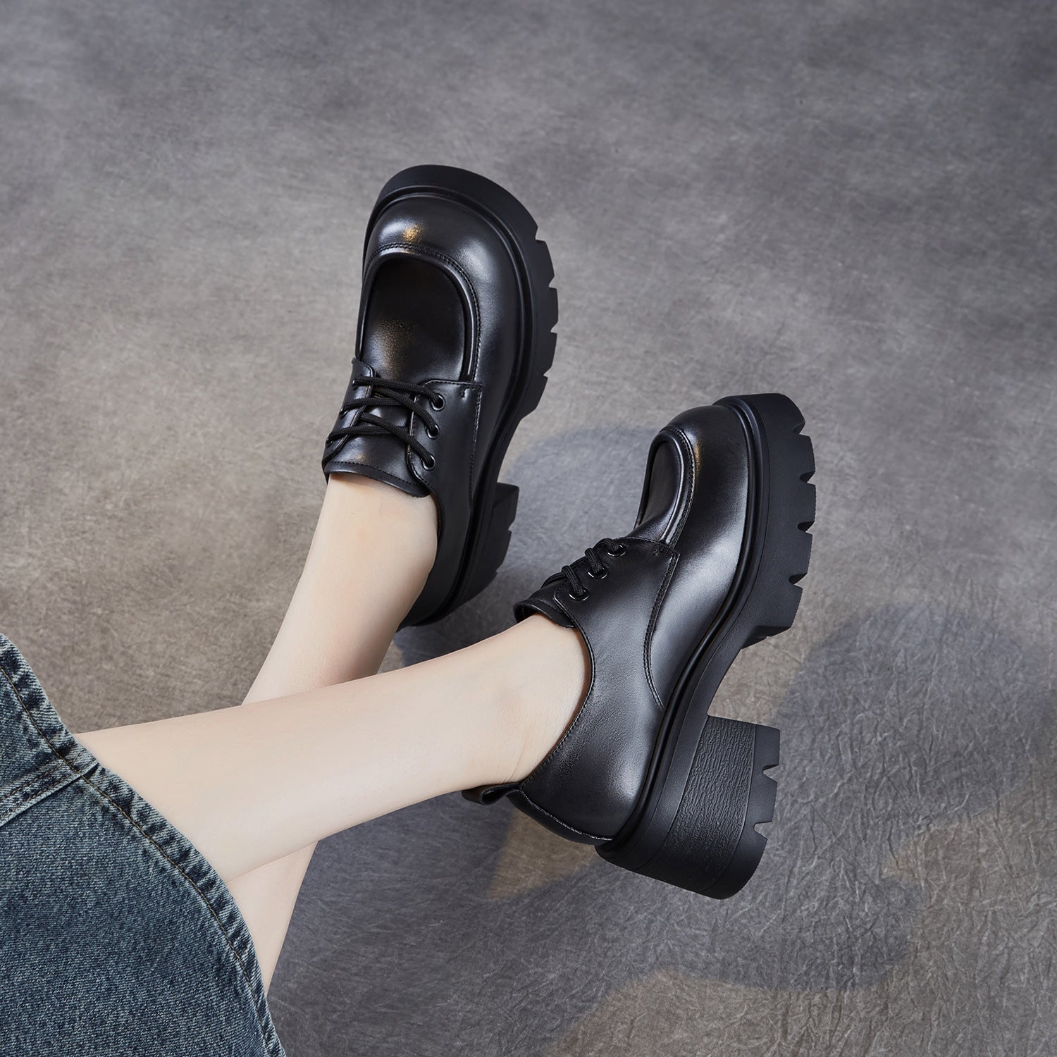 Women's Leather Lace-up Chunky Heel Loafers-RAIIFY