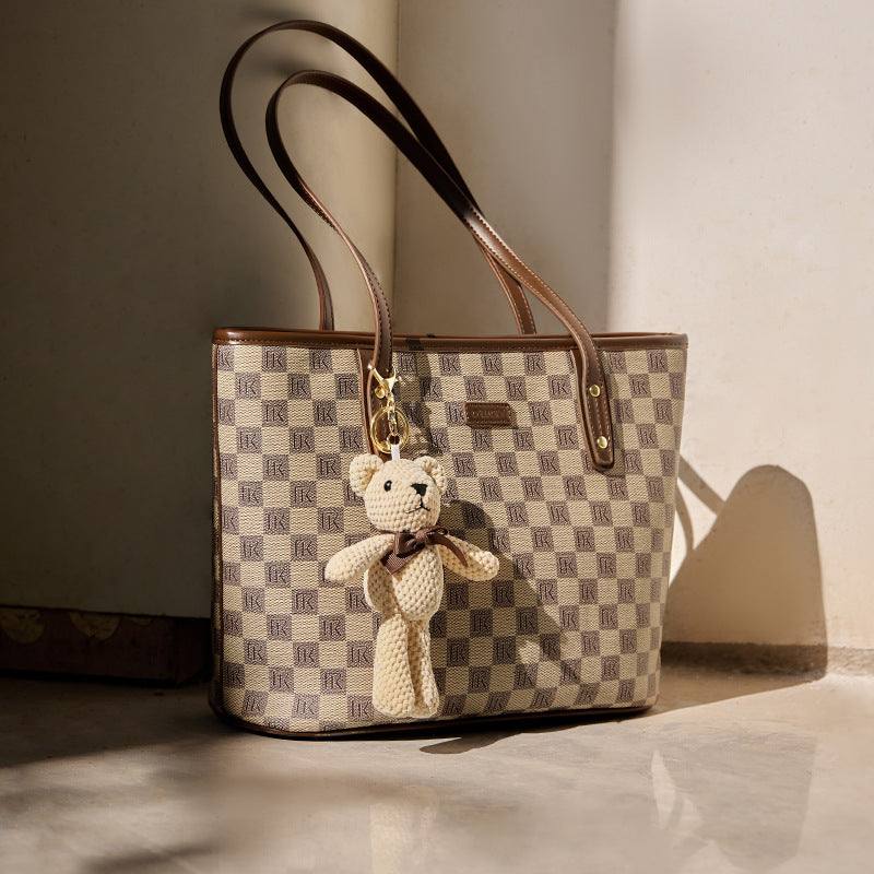 Women's Stylish Checkered Tote Bag with Bear Charm-RAIIFY