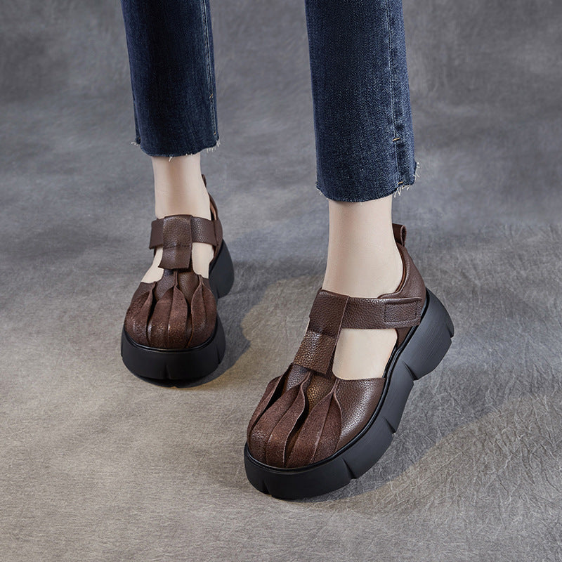 Women Retro Plain Leather Platform Velcro Tape Sandals-RAIIFY