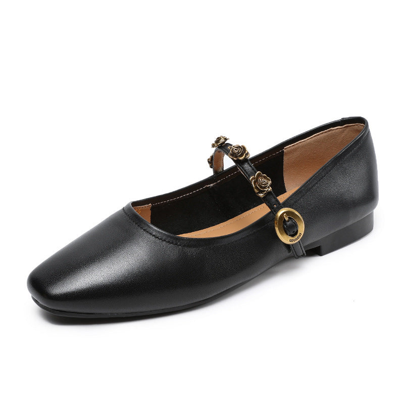Women Genuine Leather Square Toe Low Heel Mary Jane Shoes-RAIIFY