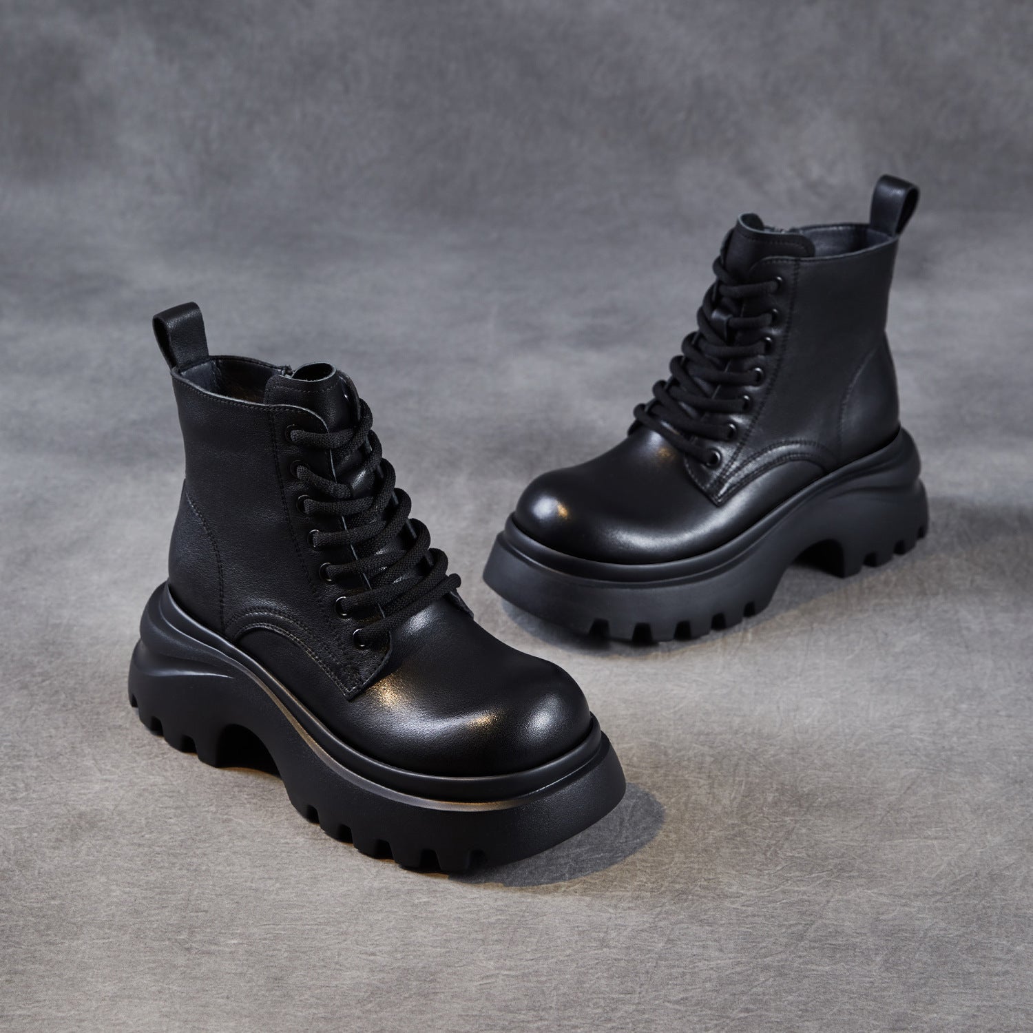 Women's Retro Plain Leather Chunky Platform Boots-RAIIFY