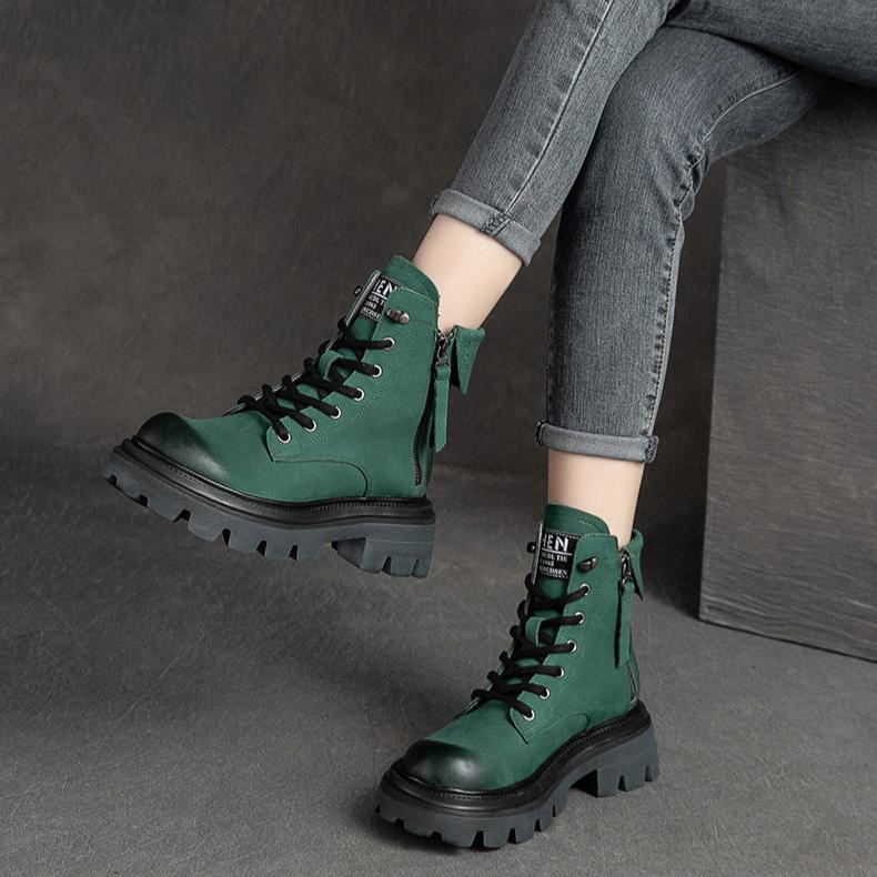 Women Retro Classic Solid Leather Work Casual Boots-RAIIFY