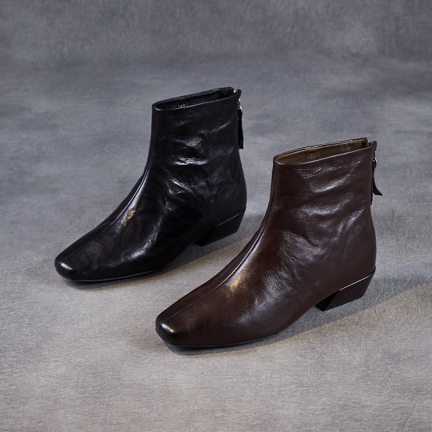 Women's Vintage Plain Leather Low Block Furred Ankle Boots-RAIIFY