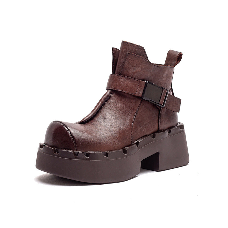 Women's Vintage Leather Buckle Platform Ankle Boots-RAIIFY