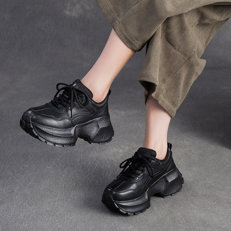 Women's Plain Quilted Leather Chunky Platform Sneakers-RAIIFY