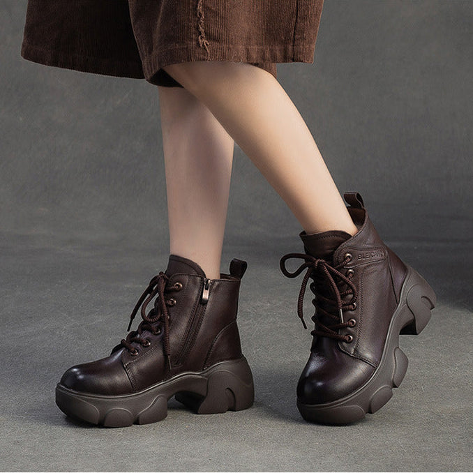 Women's Vintage Leather Wool Platform Boots-RAIIFY
