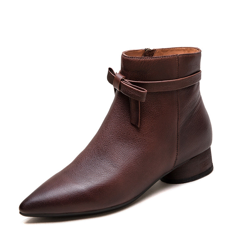 Women's Vintage Plain Leather Pointed Toe Ankle Boots-RAIIFY