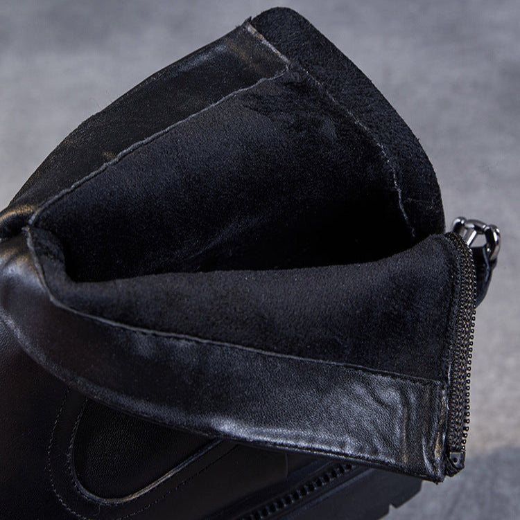 Women's Retro Plain Leather Furred Platform Ankle Boots-RAIIFY