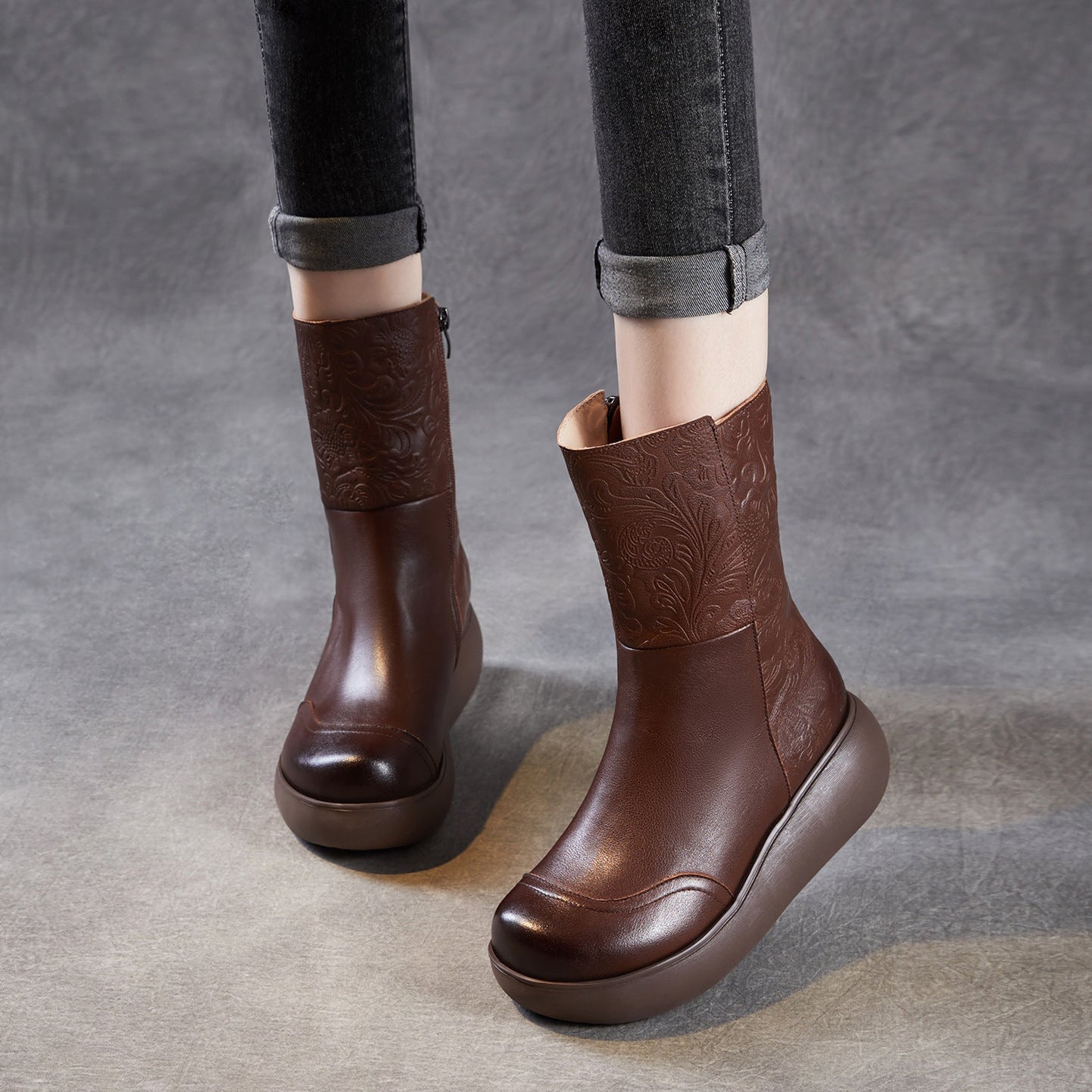 Women's Vintage Embossed Leather Furred Platform Boots-RAIIFY