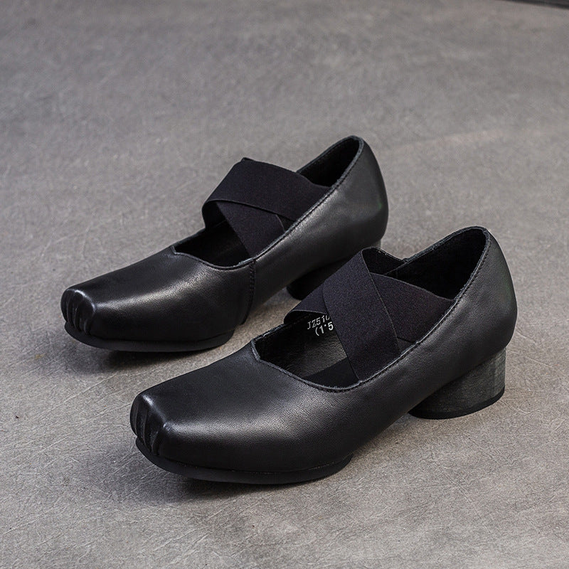 Women Retro Leather Cross Strap Low Block Casual Shoes-RAIIFY