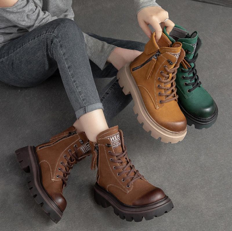 Women Retro Classic Solid Leather Work Casual Boots-RAIIFY