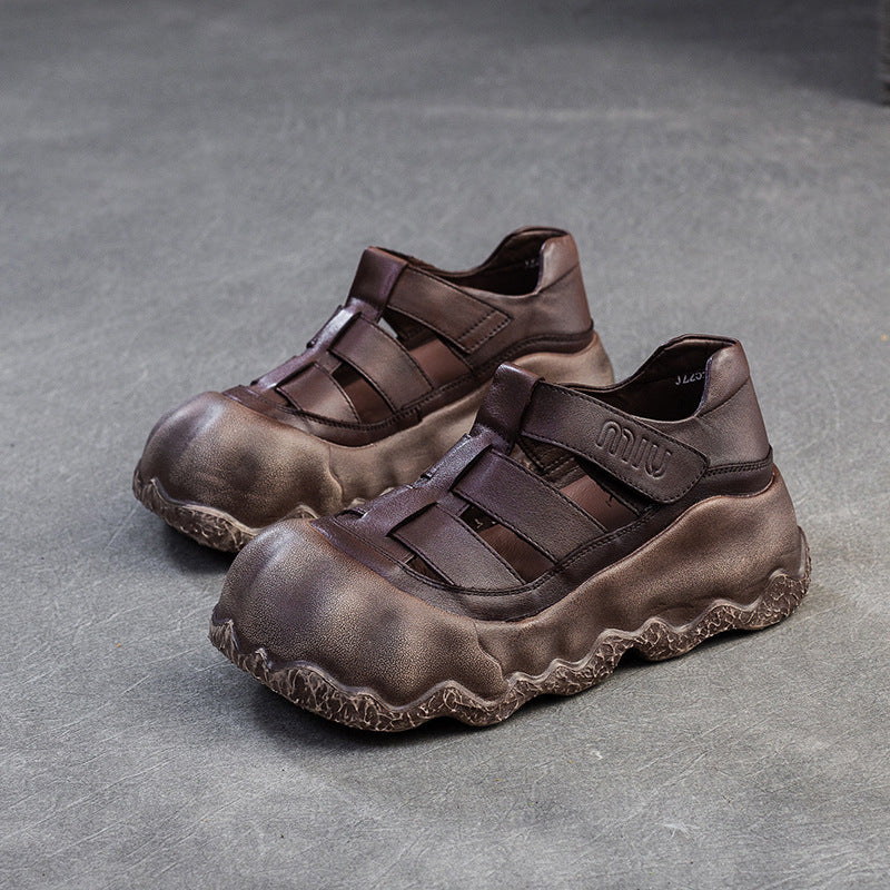 Women Vintage Hollow Leather Thick Soled Casual Sandals-RAIIFY