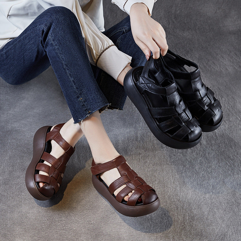 Women's Retro Plain Leather Casual Platform Sandals-RAIIFY