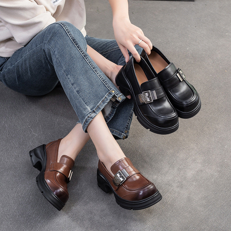 Women Retro Buckle Leather Chunky Heel Loafers-RAIIFY