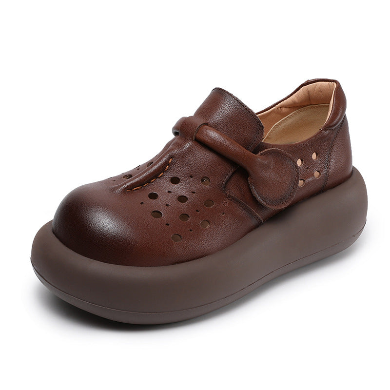Women Retro Hollow Plain Leather Platform Casual Shoes-RAIIFY