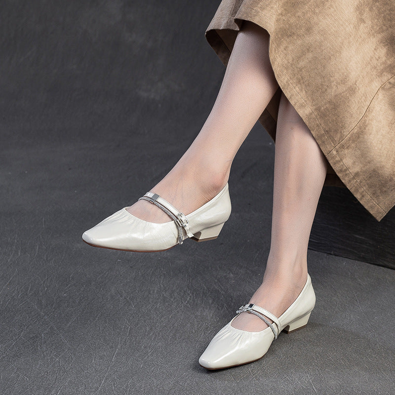 Women's Genuine Leather Pointed-Toe Low Block Pumps-RAIIFY