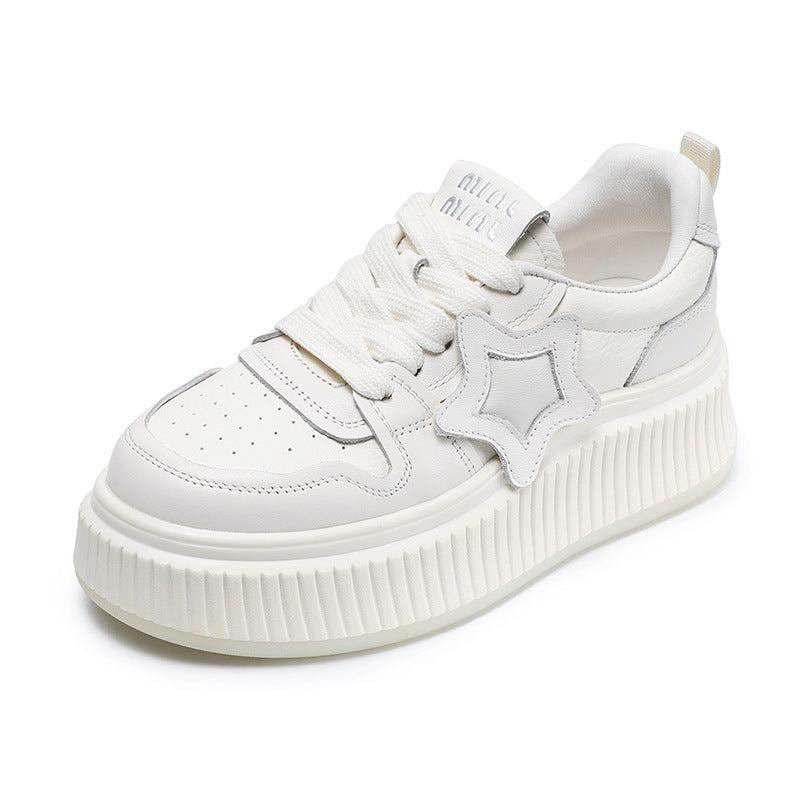 Women Plain Embossed Leather Thick Soled Casual Sneakers-RAIIFY