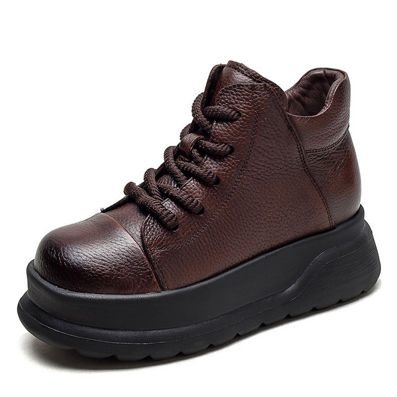 Women Retro Leather Furred Warm Platform Ankle Boots-RAIIFY