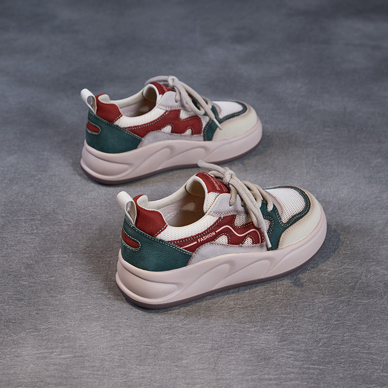 Women Fashion Patchwork Leather Mesh Flat Sneakers-RAIIFY