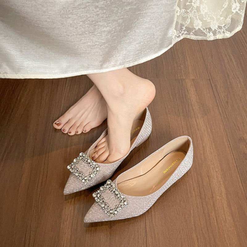 Women's Rhinestone Buckle Pointed-Toe Flats-RAIIFY