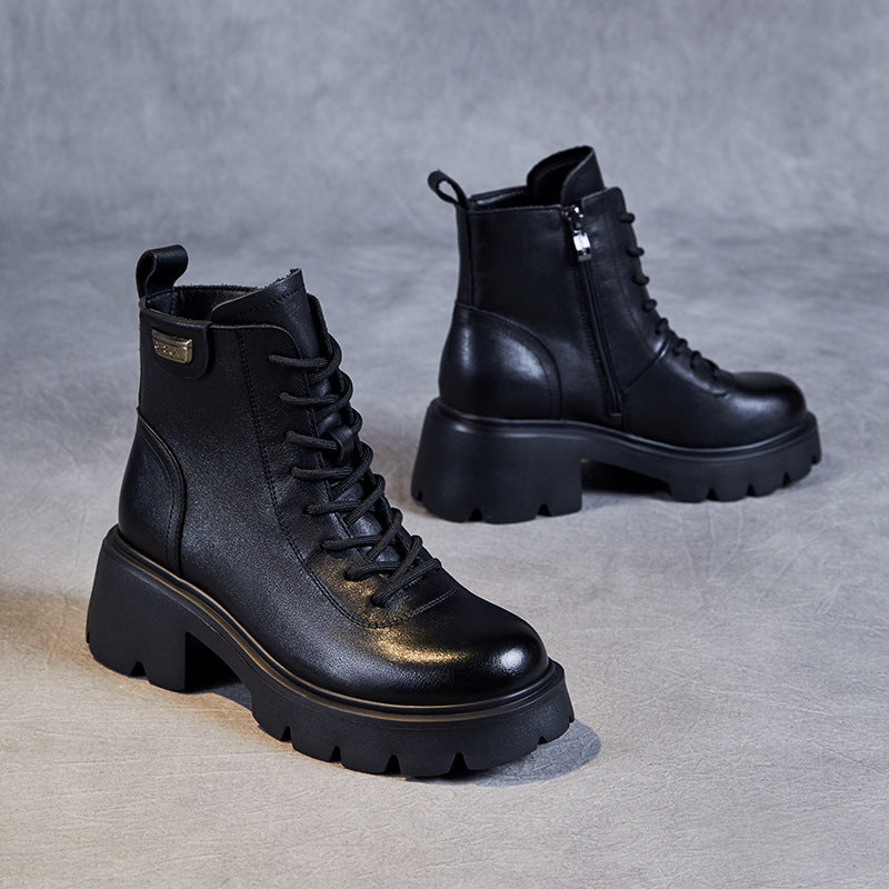 Women's Casual Plain Leather Platform Boots-RAIIFY