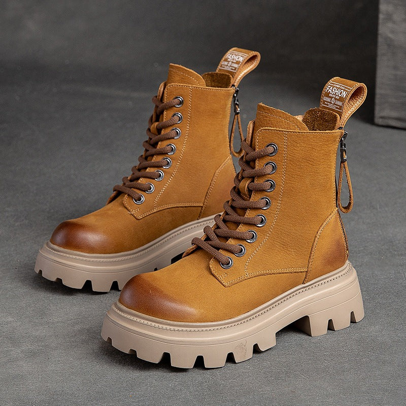 Women Fashion Solid Leather Motorcycle Riding Boots-RAIIFY