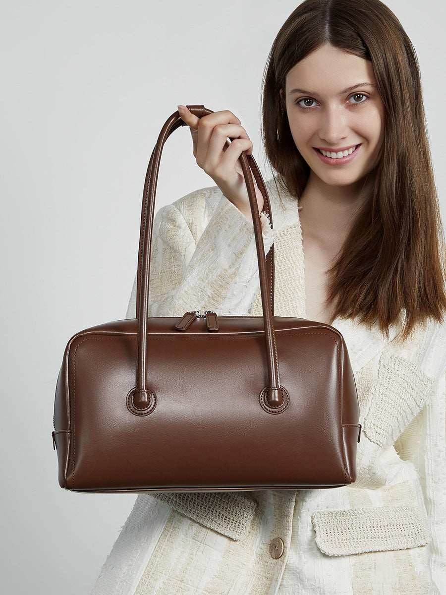 Women's Minimalism Plain Cowhide Leather Casual Shoulder Bag-RAIIFY