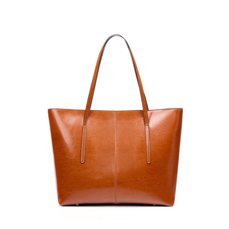 Women's Plain Leather Large Capacity Shoulder Tote Bag-RAIIFY