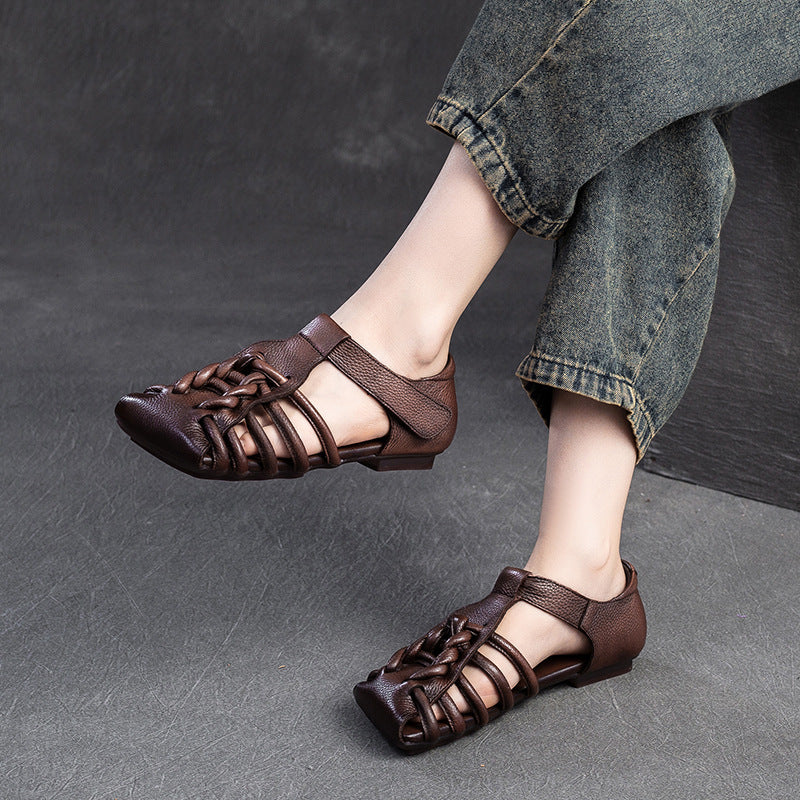 Women Retro Plaited Leather Flat Casual Sandals-RAIIFY