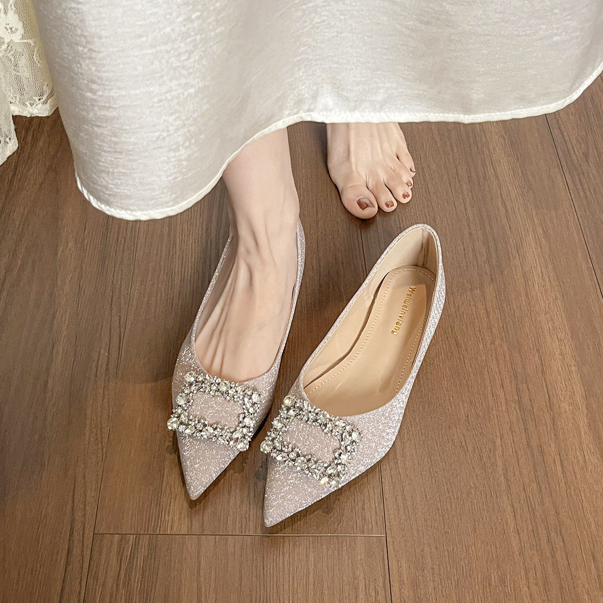 Women's Rhinestone Buckle Pointed-Toe Flats-RAIIFY