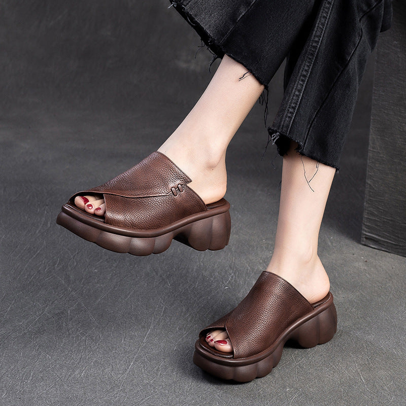 Women Minimalist Casual Leather Platform Slides Sandals-RAIIFY