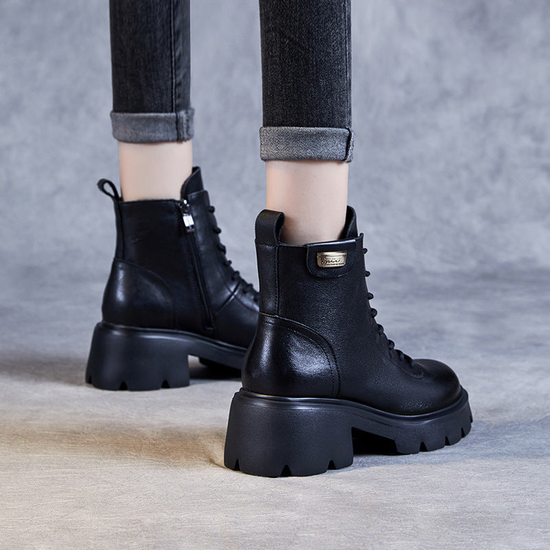 Women's Casual Plain Leather Platform Boots-RAIIFY