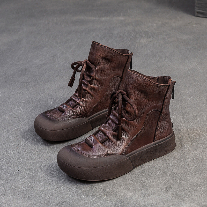 Women Retro Solid Leather Back Zipper Boots-RAIIFY