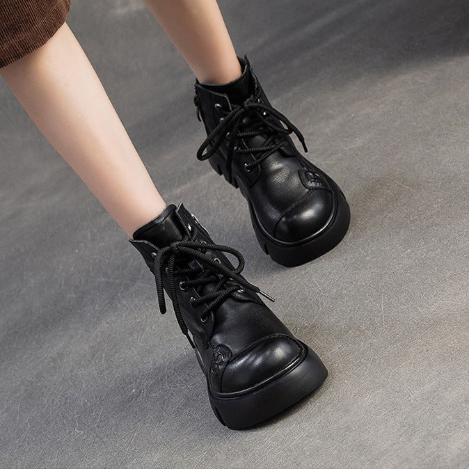 Women's Retro Plain leather Platform Furred Snow Boots-RAIIFY