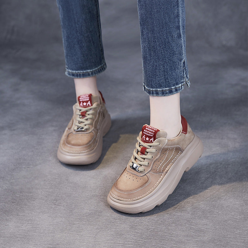 Women Fashion Breathable Leather Thick Soled Casual Sneakers-RAIIFY