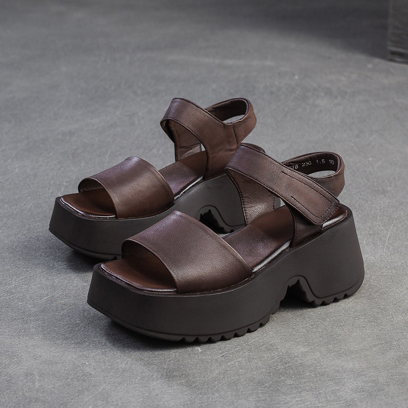 Women Retro Plain Leather Chunky Platform Sandals-RAIIFY