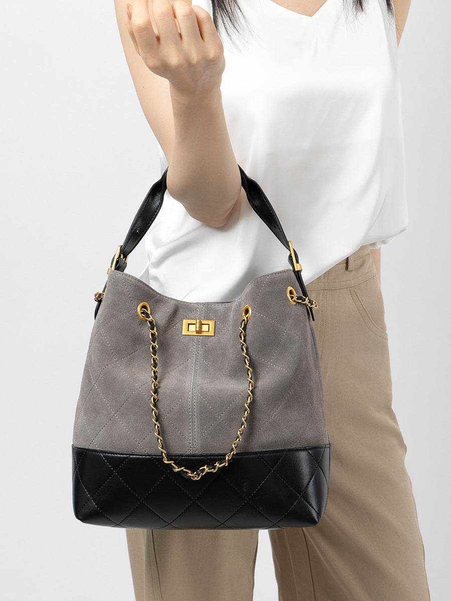 Women’s Suede Leather Bucket Bag with Chain-RAIIFY