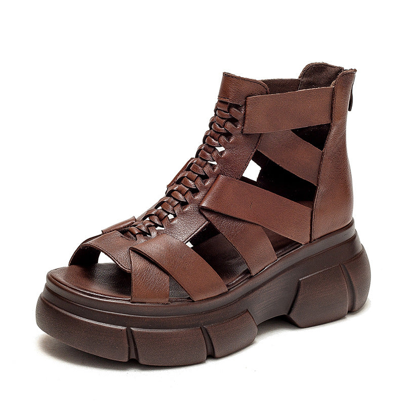 Women's Retro Plaited Leather High Top Platform Sandals-RAIIFY