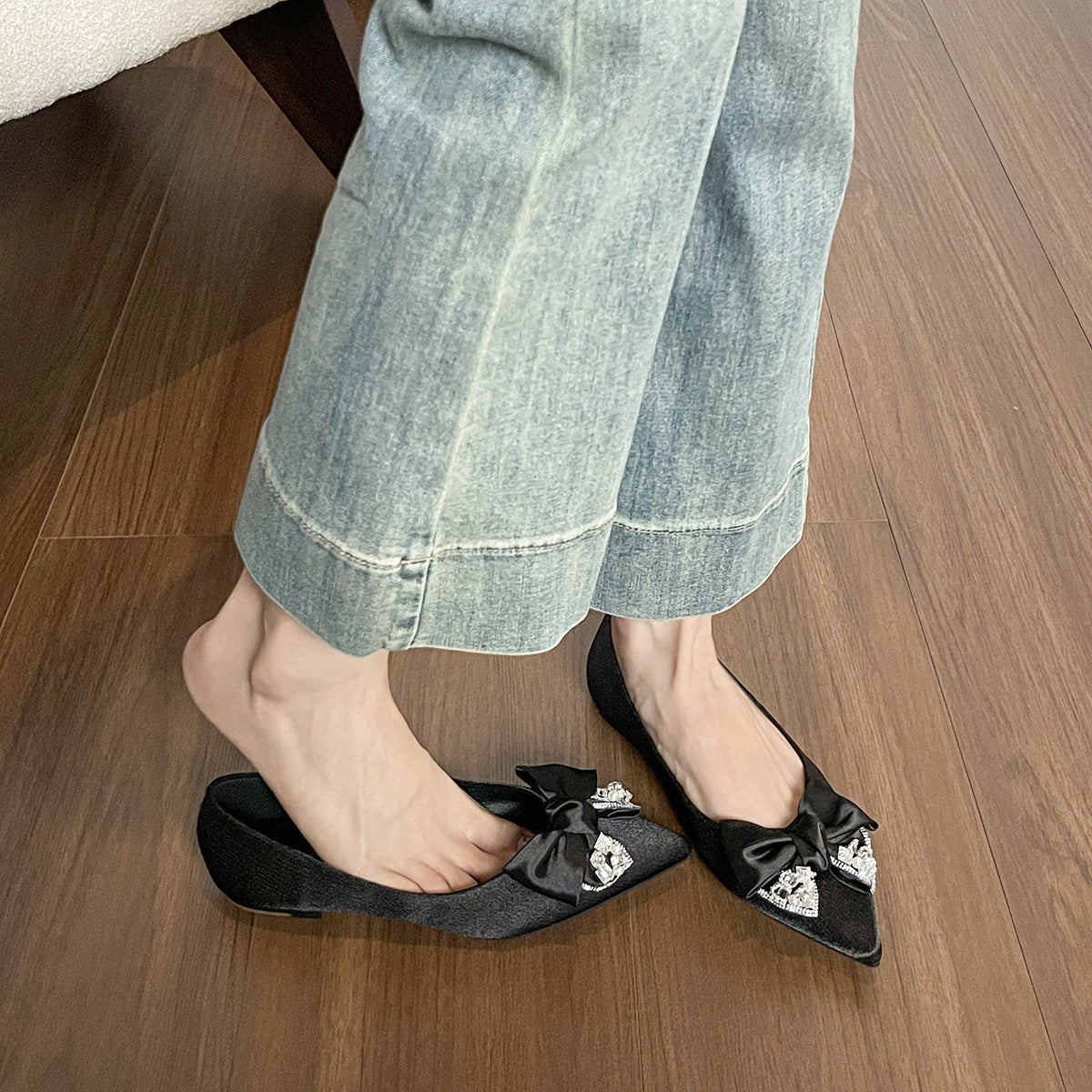 Women's Satin Bowknot Pointed-Toe Casual Flats-RAIIFY