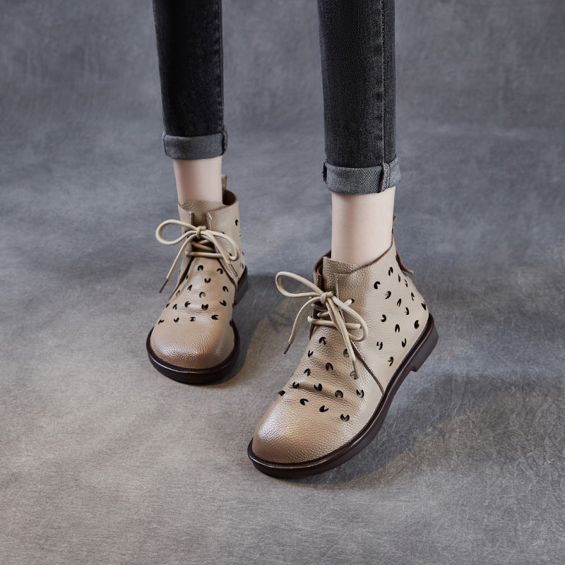 Women Soft Plain Hollow Leather Casual Flat Ankle Boots-RAIIFY