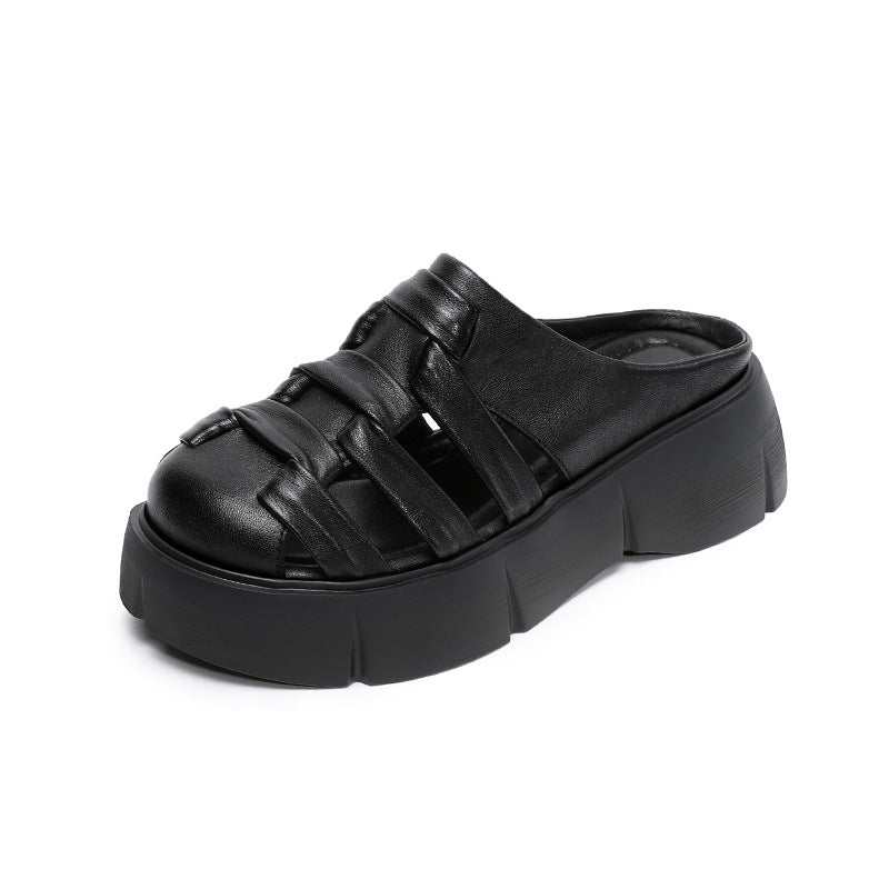 Women Retro Plaited Leather Platform Casual Mules-RAIIFY
