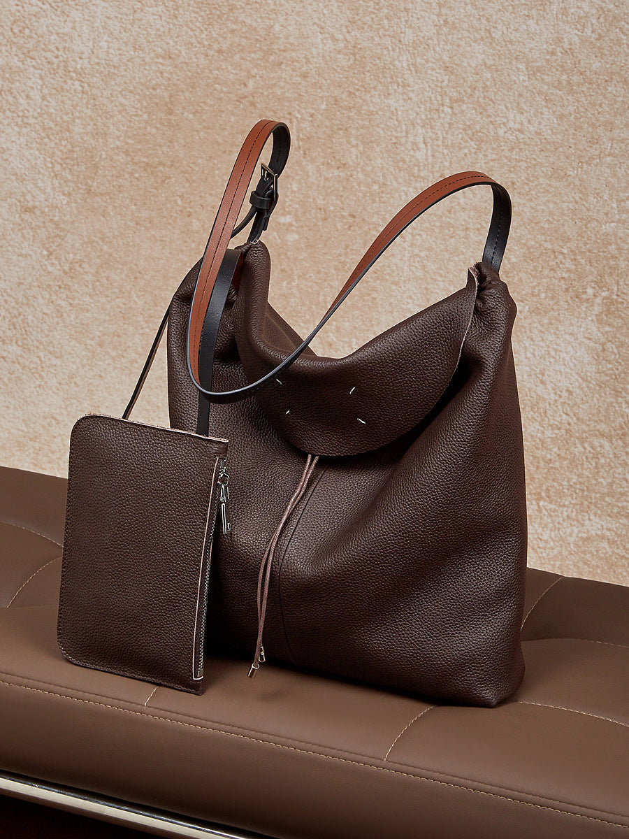 Women's Plain Leather Hobo Tote Bucket Crossbody Bag-RAIIFY