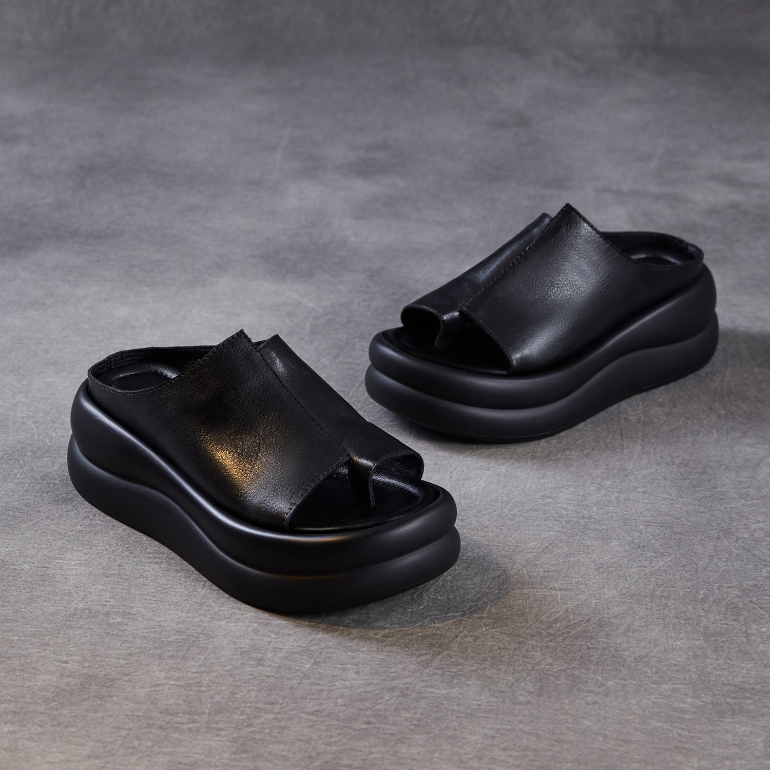 Women's Genuine Leather Retro Thick Sole Wedge Flip-Flop Mules-RAIIFY