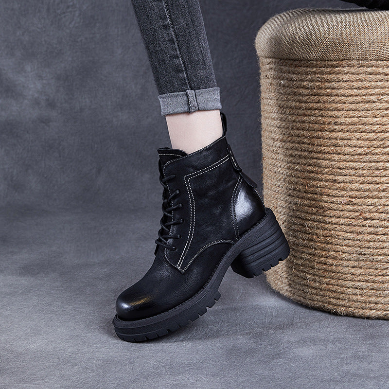 Women Vintage Quilted Leather Chunky Heel Ankle Boots-RAIIFY