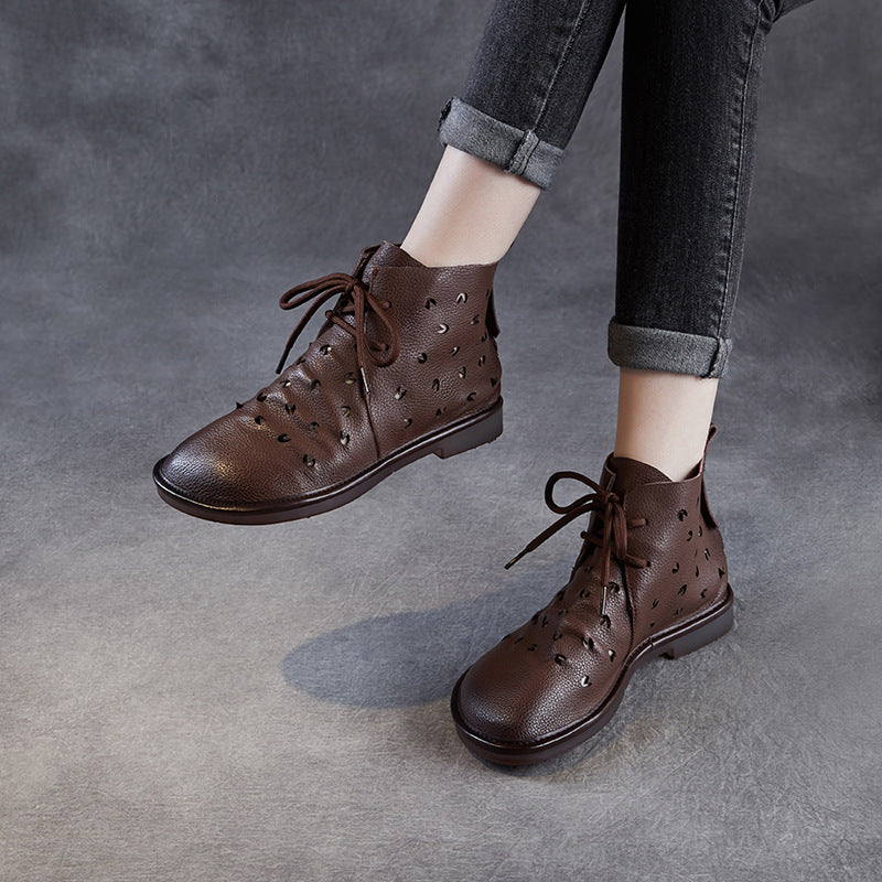 Women Soft Plain Hollow Leather Casual Flat Ankle Boots-RAIIFY