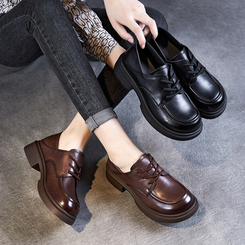 Women Retro Leather Lace-up Casual Loafers-RAIIFY